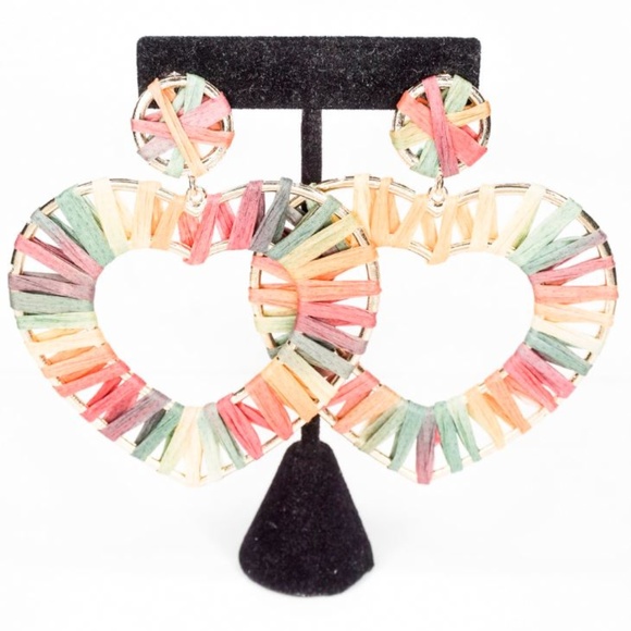 Rainbow Raffia Heart Dangle Earrings - Picture 3 of 6